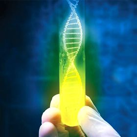 A gloved hand holding a graphic of a DNA strand.