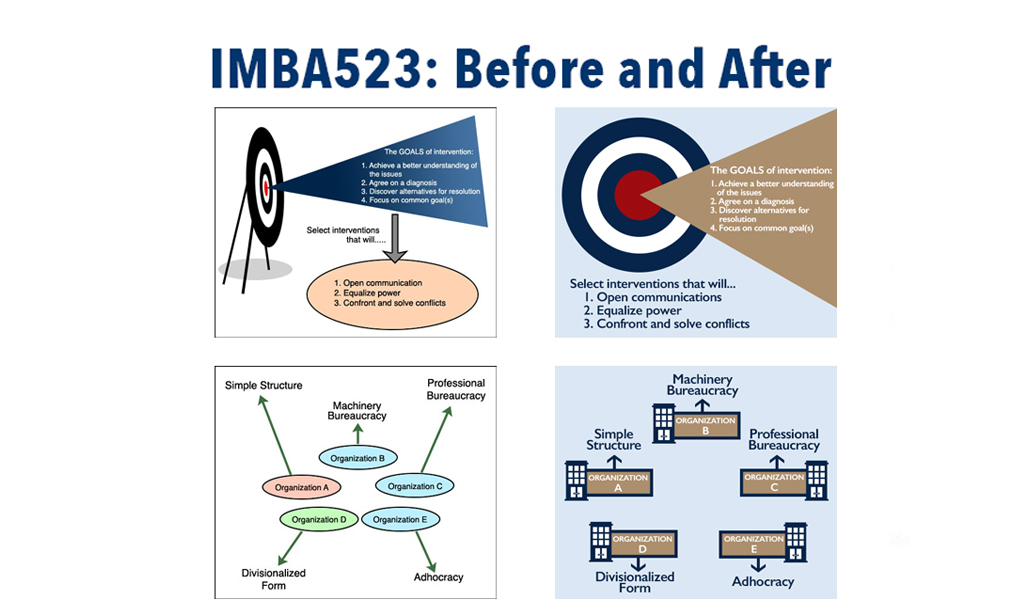 Before and after side-by-side comparisons of previously used and redesigned graphics for the course.