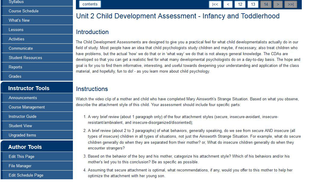 Screen shot of text on a lesson page regarding the assessment of childhood development.